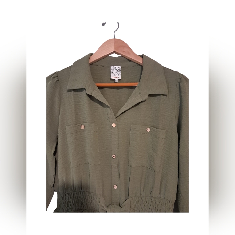 Naïf green shirt dress, front tie 3/4 sleeve - Picture 2 of 6